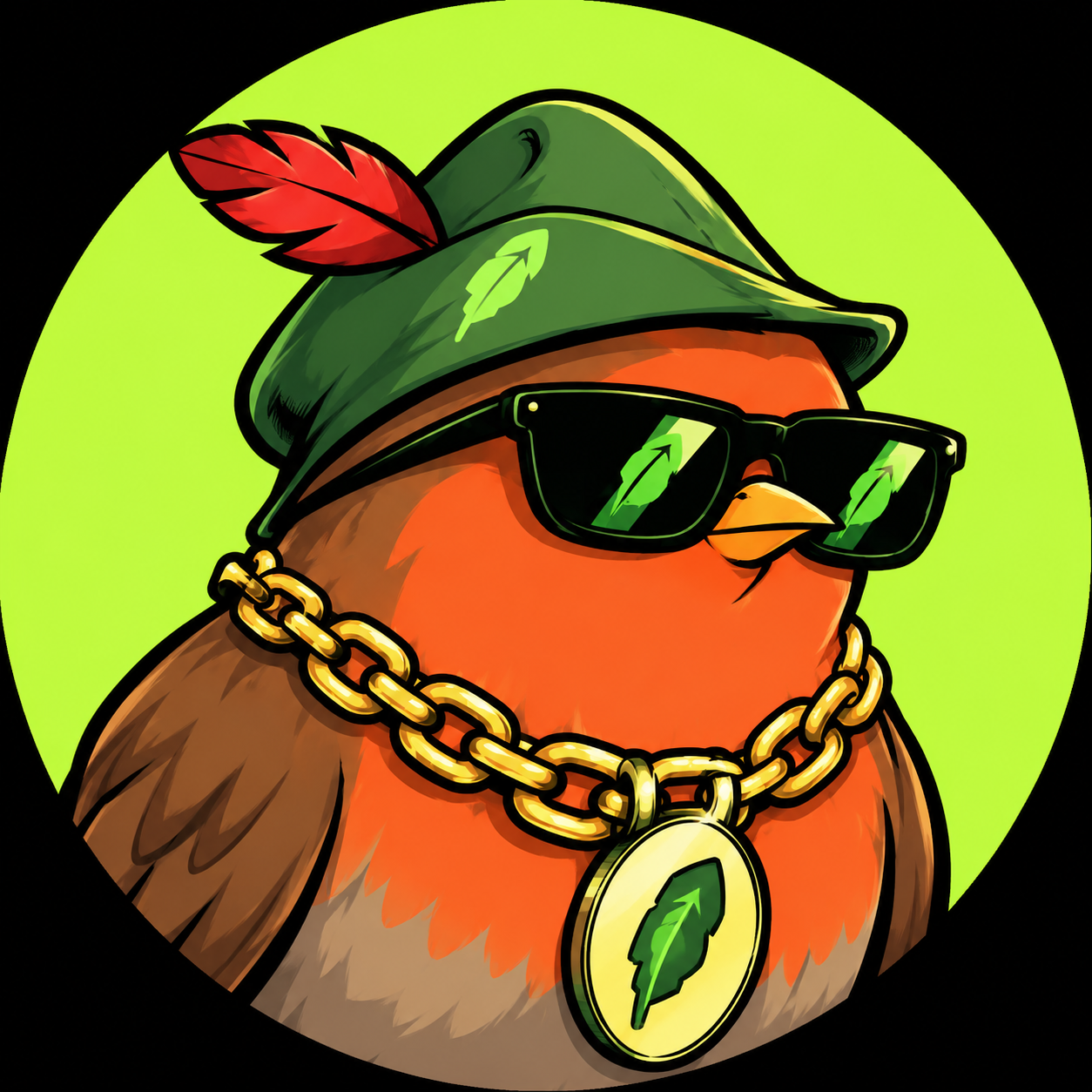 Robin, a small robin bird wearing a green Robin Hood hat with a red feather, black sunglasses and an oversized gold chain with a leaf medallion